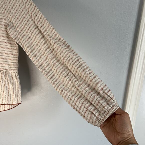 Hem & Thread Boho Peplum Ruffle Long Sleeve Pullover Top Sz L Beige Linen Cotton - Picture 7 of 11